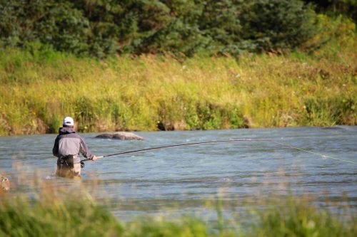 An avid angler wades through a river during an Alaska fishing vacation.